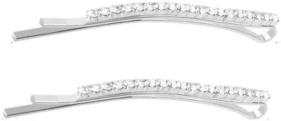 Pair Of  Silver Crystal Diamante Barrette Bobby Pins Hair Clips Slide Pin Grip • £3.55