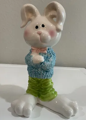 Vtg Porcelain Boy Easter Bunny Rabbit Wearing Sweater Bow Tie Big Feet Figurine • $15