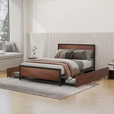 Full Cozy Bedroom Ambiance: Metal Platform Bed Frame Wooden Headboard Storage • $344.08