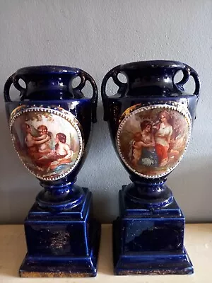 Antique Victorian Pair Of Mantel Vases In Royal Blue. • £25