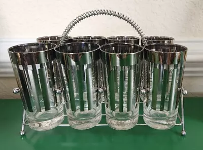 MCM 8 Silver Band Stripe Tumber Barware Glasses W/ Chrome Carrier Mid Century  • $149