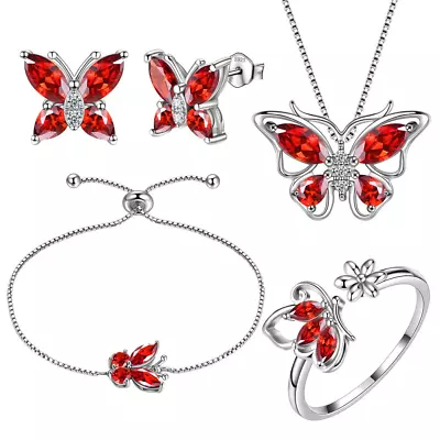 January Birthstone Jewelry Set Red Butterfly Garnet Fine Necklace/Earrings/Ring/ • $63.90