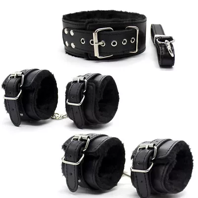 PU Leather Handcuffs Ankle Cuffs Neck Collar Leash Chain BDSM Restraints Slave • $16.72