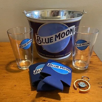 BLUE MOON BREWING 5 Qt Metal Beer Bottle Can Ice Bucket Pint Glasses & Koozies • $38