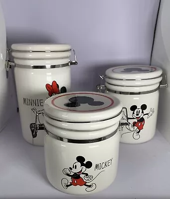 Set Of 3 Disney Mickey & Minnie Mouse Hinged Kitchen Canisters Large Med & Small • $99.99