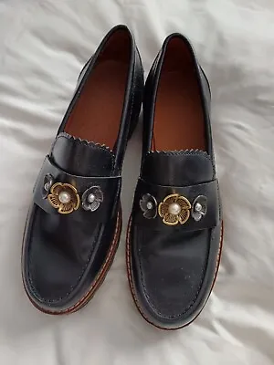 Coach Pearl Flower Black Chunky Loafers Shoes Leather Size 36.5 UK 3.5 • £145