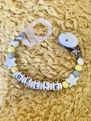 Personalised Baby Dummy Clip Strap Shower Christening YELLOW Free Mam Adapter • £5.50