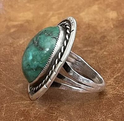 Vtg Native American Navajo Sterling Silver Cabochon Green Turquoise Ring Size 8 • $65