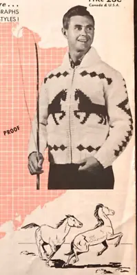 1957 Mary Maxim Knitting Pattern Horses 'prairie Prancers' Men's Cardigan 38-44 • $9.84