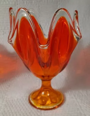 Viking Orange Glass 6 Petal Hankerchief Pedestal Bowl Vase • $45