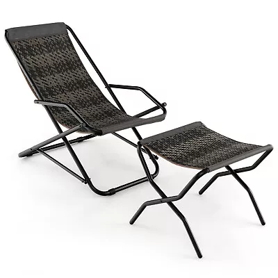 Patio Folding Rattan Sling Lounge Chair Ottoman Rocking  Footrests Armrest • $54.99