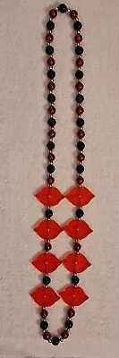 Mardi Gras Beads Authentic 22  Black Red & Gold Beads W/ Red Kissy Lip Charms • $13.99