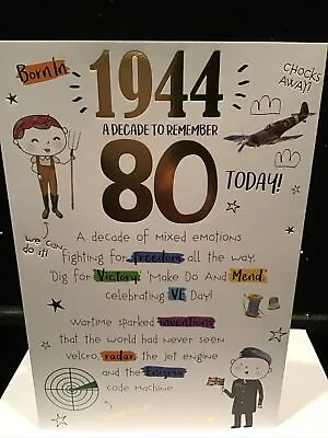 80th Birthday Card Year And Decade You Were Born 1944 9 X6  Age 80 Eighty • £3.99