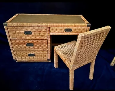 $795 • Buy Vintage Woven Rattan Desk With Brass Accents & Matching Chair