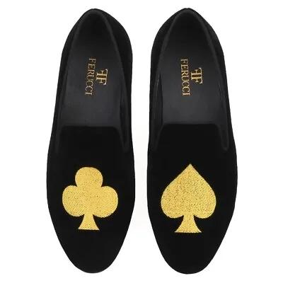 FERUCCI Men Black Velvet Slippers Loafers Flats With  Embroidered Spade And Club • $119.99