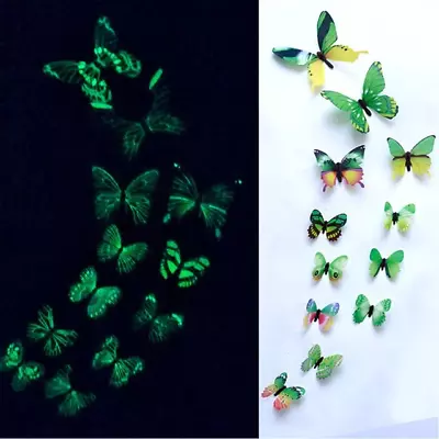 12 X 3D Butterfly Wall Stickers Glow In The Dark Home Decor Sticker Bedroom • £3.59