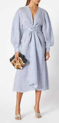 $159 • Buy SCANLAN THEODORE Blue /White Stripe Voile Silk/linen Wrap Front Dress S/M 6 8 10