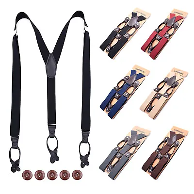 Mens Adjustable 35mm Wide Trouser Belt Suspender Elastic Leather Button Braces • £6.79