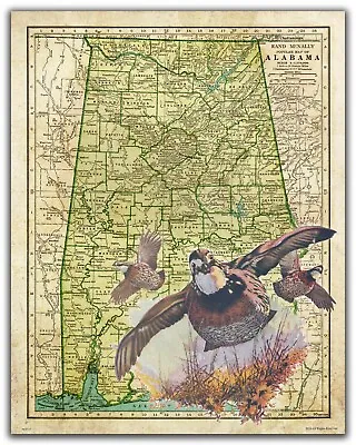Quail Hunting Vintage Alabama State Map Art Print Calls Camp Cabin Wall Decor • $9.95