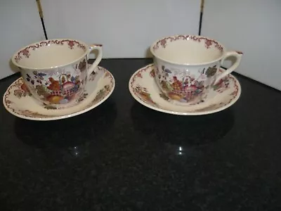 Vintage Masons Fruit Basket 2x Breakfast Cups And Saucers • £28