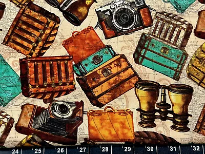 Tina SCRAP Vacation Travel FABRIC 9 X21  COTTON Vintage Suitcase Camera Trunk • $2.99