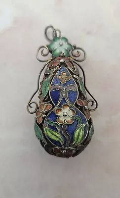 Vintage Chinese Enamel Floral Design Silver Filigree Tear Drop Pendant #964 • $99