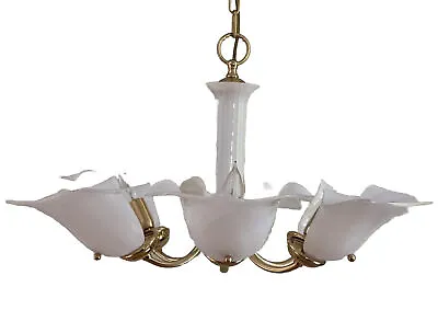 MURANO Art Glass White Franco Luce Striated Chandelier Brass Vintage Italian • $1600