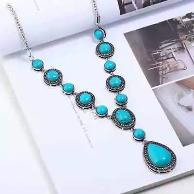 Boho Festival Silver Chunky Turquoise Bead Necklace Chain • $10.40