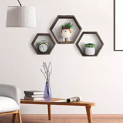 Set Of 3 Wooden Hexagon Rustic Floating Honeycomb Shelves • $23.99