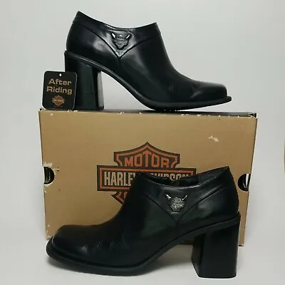 $55.95 • Buy Womens Harley-Davidson Black Leather Chunky Heel Logo Ankle Boots (81377) US 10