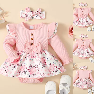 £9.09 • Buy Newborn Baby Girls Floral Ribbed Romper Dress Heandband Set Outfits Clothes UK