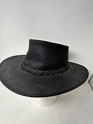 MINNETONKA The Fold Up Genuine Black Leather Hat - Size M Outback Aussie Western • $24.95