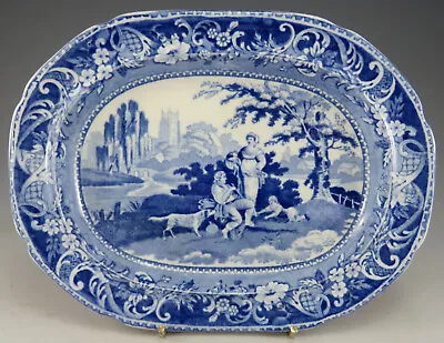 Antique Pottery Pearlware Blue Transfer Davenport Villagers 7.5  Platter 1820 • £39