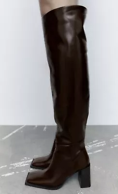 $73.18 • Buy Zara Leather Heeled Over-the-knee Boots Brown New Fw23 All Size Ref. 2007/010