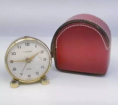 Vintage T Anthony Desk Travel 8 Day Alarm Clock W/ Red Leather Carry Case • $34.99