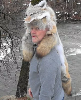 Coyote Mountain Man Fur Hat With Mounted Head And Glass Eyes.  Red Fox Beaver • $455