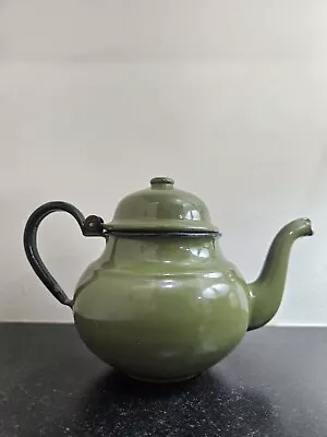 Vintage Small Green Black Enamel Teapot Kettle Poland • $22