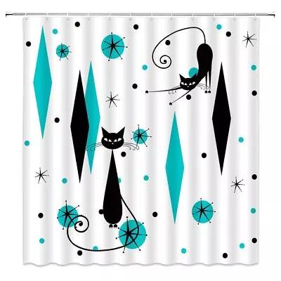 Mid Century Shower Curtain Cat Starbursts ​Atomic Stars Modern ​Abstract Teal... • $30.99