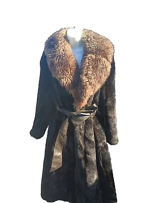 Vintage  Faux Fur & Leather Long Coat Tissavel County Pacer Sheep Fur  Sz S/M • $99.99