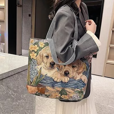 Vintage Embroidery Tote Bag Cat Dog Shoulder Bag Cute Bucket Handbags  Student • $20.55