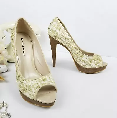 Michael Shannon  Pumps Heels US 8 Platform Ivory Tan Nyla Peep Toe Woven Neutral • $16