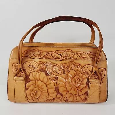 Vintage Tooled Leather Floral Handbag Purse Western Boho • $49.95