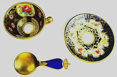 Antique Crown Staffordshire Miniature Cup Saucer & Spoon Cobalt Blue &Gold • $173.72