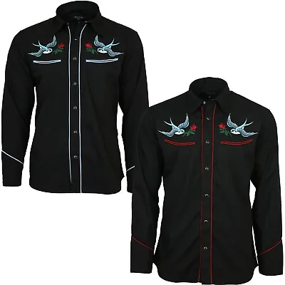 Relco Exclusive Tattoo Rockabilly Western Cowboy Swallow Rose Embroidered Shirt • £44.99