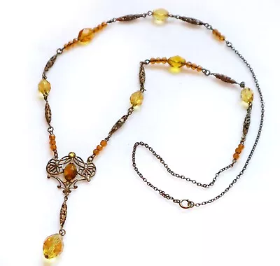 Antique Art Nouveau Lavalier Necklace Amber Glass Beads Rhinestones Gilt Finish • $149.99