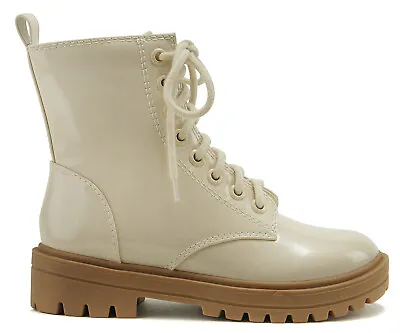 Soda Women Combat Army Motorcycle Riding Zipper Lug Boots Beige Patent FIRM-S • $34.99