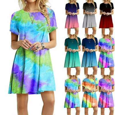 $16.25 • Buy Women Summer Short Sleeve Casual Short Dress Crew Neck Tie-dye Print Loose Dress