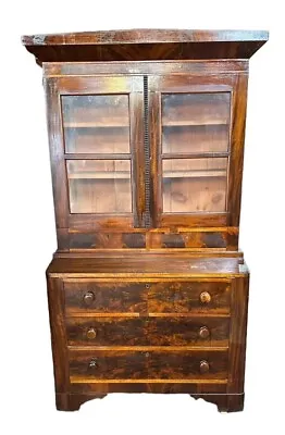 1840s New England Flame Mahogany Cabinet Bookcase Top Writing Surface • $450