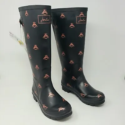 Joules Womens 5 Bees Hearts High Rubber Rain Wellington Black Rose Gold Boot New • $49.99
