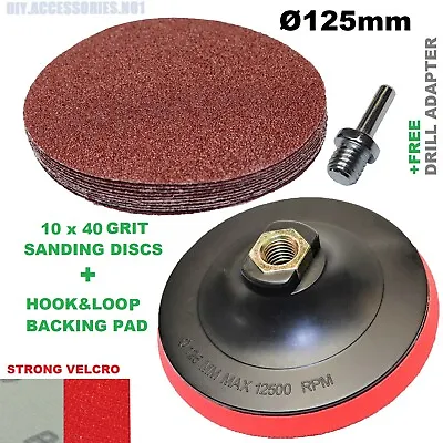 £8.95 • Buy 125mm Hook & Loop BACKING PAD + 10 Sanding Discs Grit 40 Grinder Drill Attach